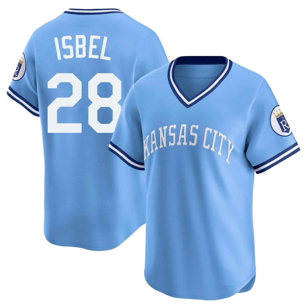 Punc KC.Royals #28 Kyle Isbel Player Light Blue Limited Throwback Cooperstown Collection T-shirt Stitched Jerseys
