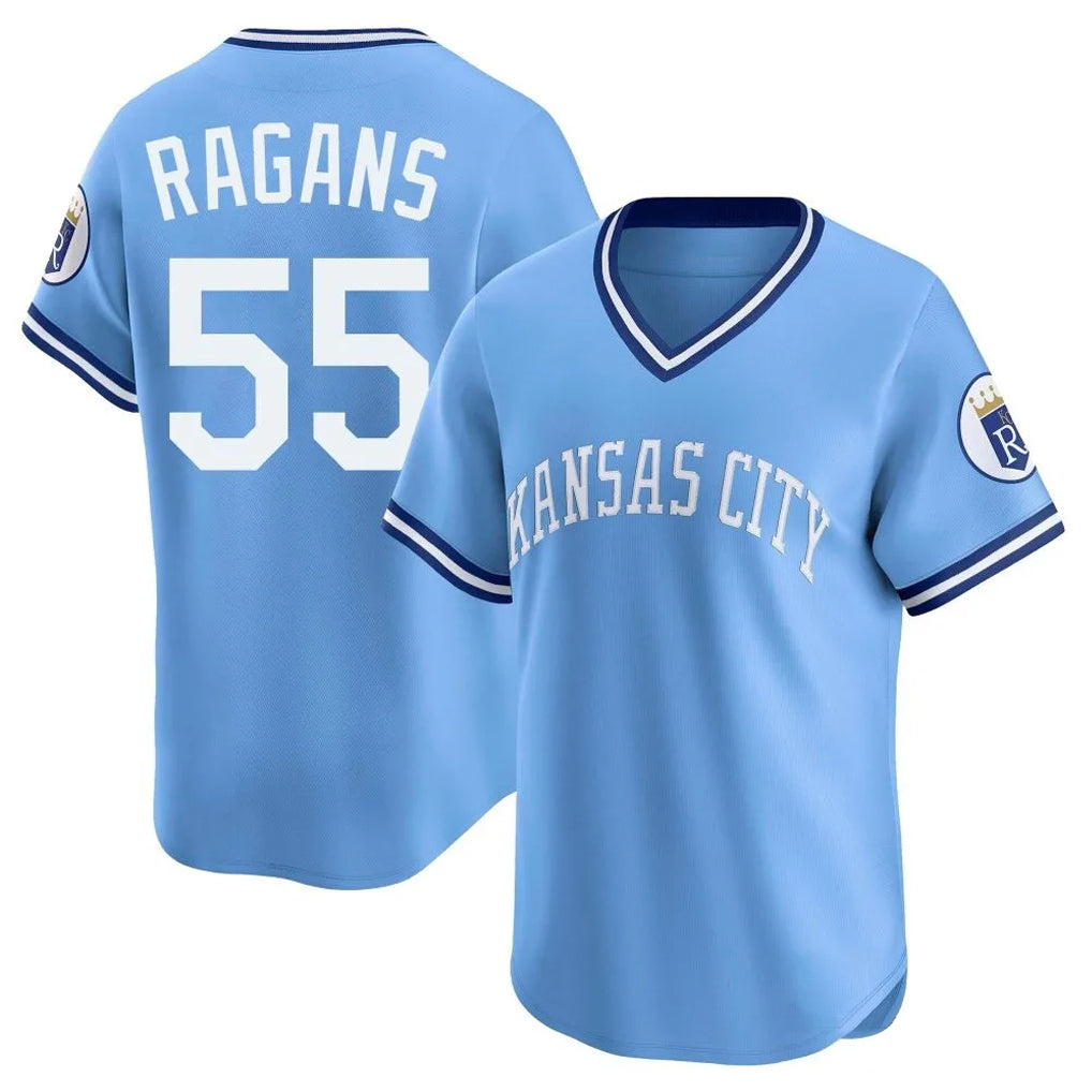Punc KC.Royals #55 Cole Ragans Player Light Blue Limited Throwback Cooperstown Collection T-shirt Stitched Jerseys