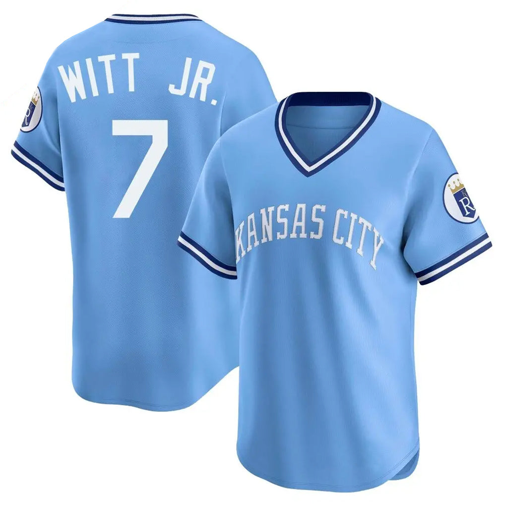 Punc KC.Royals #7 Bobby Witt Jr. Player Light Blue Limited Throwback Cooperstown Collection T-shirt Stitched Jerseys