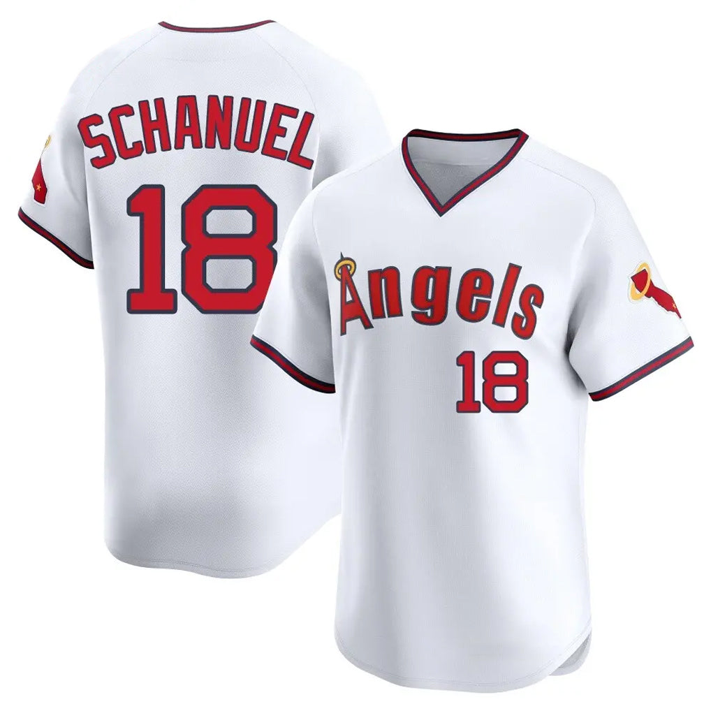 Punc LA.Angels #18 Nolan Schanuel Player White T-shirt Home Limited Stitched Jerseys
