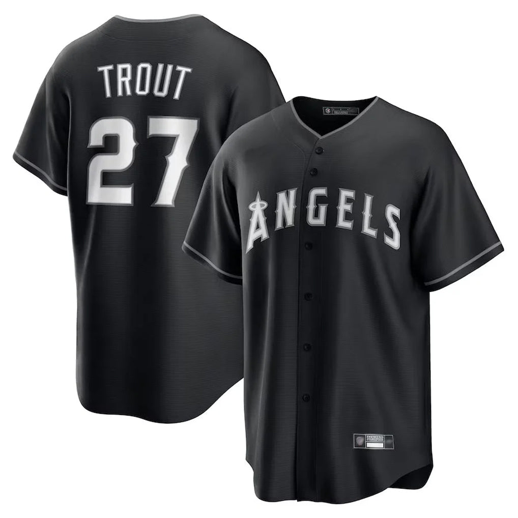 Punc LA.Angels #27 Mike Trout Player Black Lights Out Fashion T-shirt Stitched Jerseys