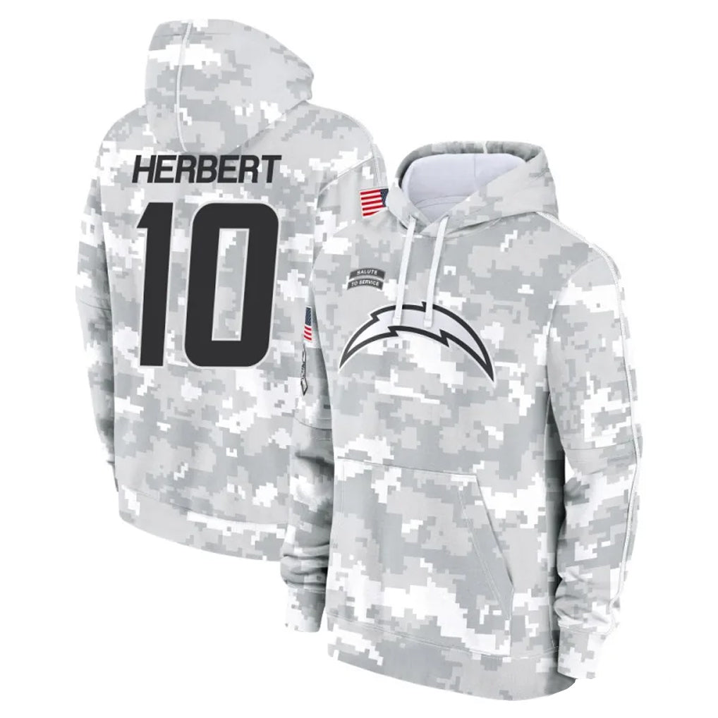 Punc LA.Chargers #10 Justin Herbert Player Arctic Camo Salute To Service Limited Hoodies Game Stitched Jerseys