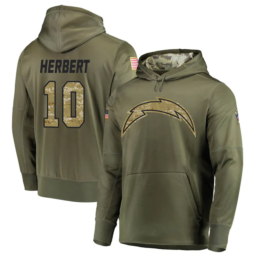 Punc LA.Chargers #10 Justin Herbert Player Salute to Service  Olive Hoodies Game Stitched Jerseys