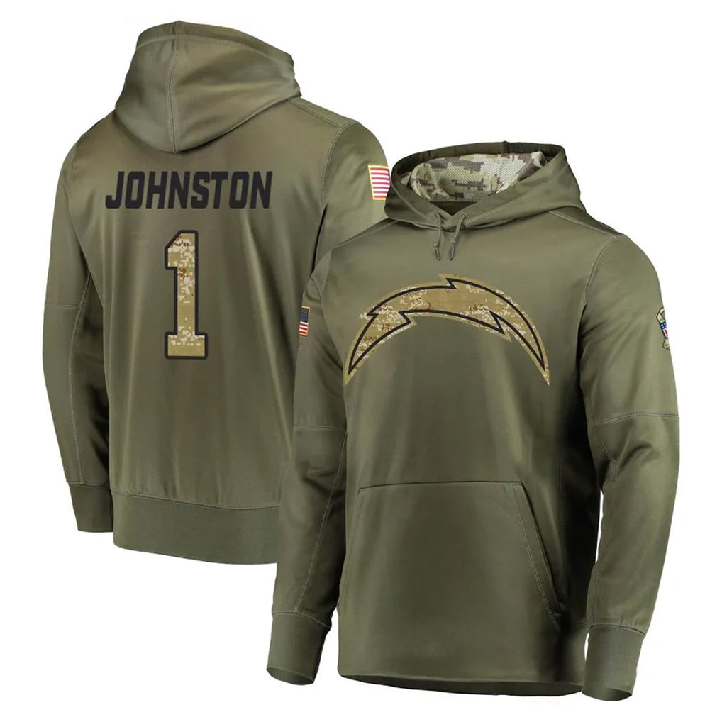 Punc LA.Chargers #1 Quentin Johnston Player Olive Salute to Service Pullover Hoodies Home Game Stitched Jerseys