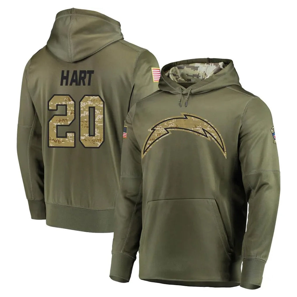 Punc LA.Chargers #20 Cam Hart Player Olive Salute to Service Pullover Hoodies Home Game Stitched Jerseys