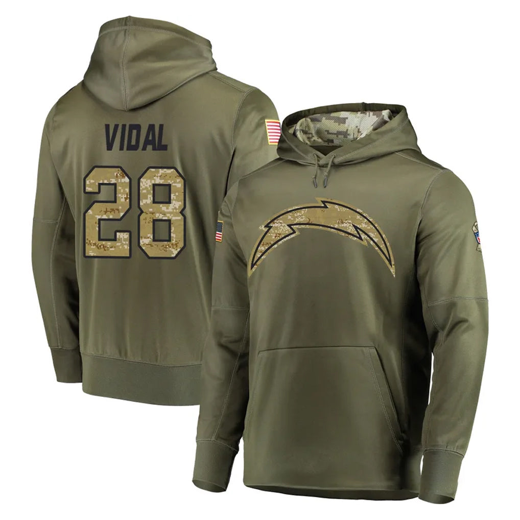 Punc LA.Chargers #28 Kimani Vidal Player Olive Salute to Service Pullover Hoodies Home Game Stitched Jerseys