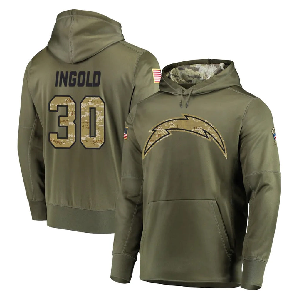 Punc LA.Chargers #30 Alec Ingold Player Olive Salute to Service Pullover Hoodies Home Game Stitched Jerseys