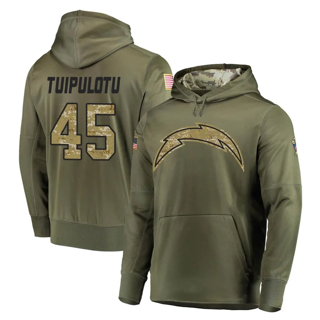Punc LA.Chargers #45 Tuli Tuipulotu Player Olive Salute to Service Pullover Hoodies Home Game Stitched Jerseys