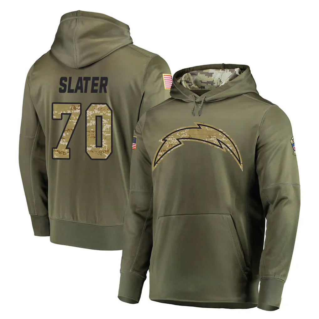 Punc LA.Chargers #70 Rashawn Slater Player Olive Salute to Service Pullover Hoodies Home Game Stitched Jerseys