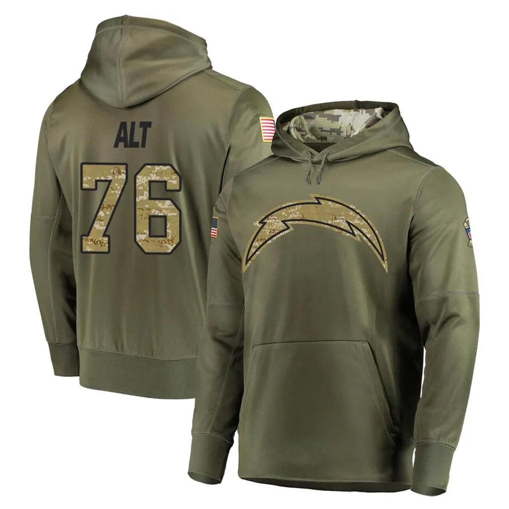 Punc LA.Chargers #76 Joe Alt Player Olive Salute to Service Pullover Hoodies Home Game Stitched Jerseys