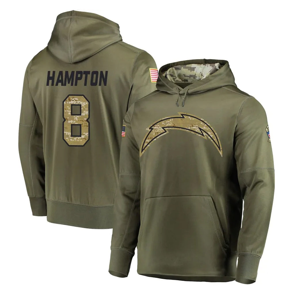 Punc LA.Chargers #8 Omarion Hampton Player Olive Salute to Service Pullover Hoodies Home Game Stitched Jerseys