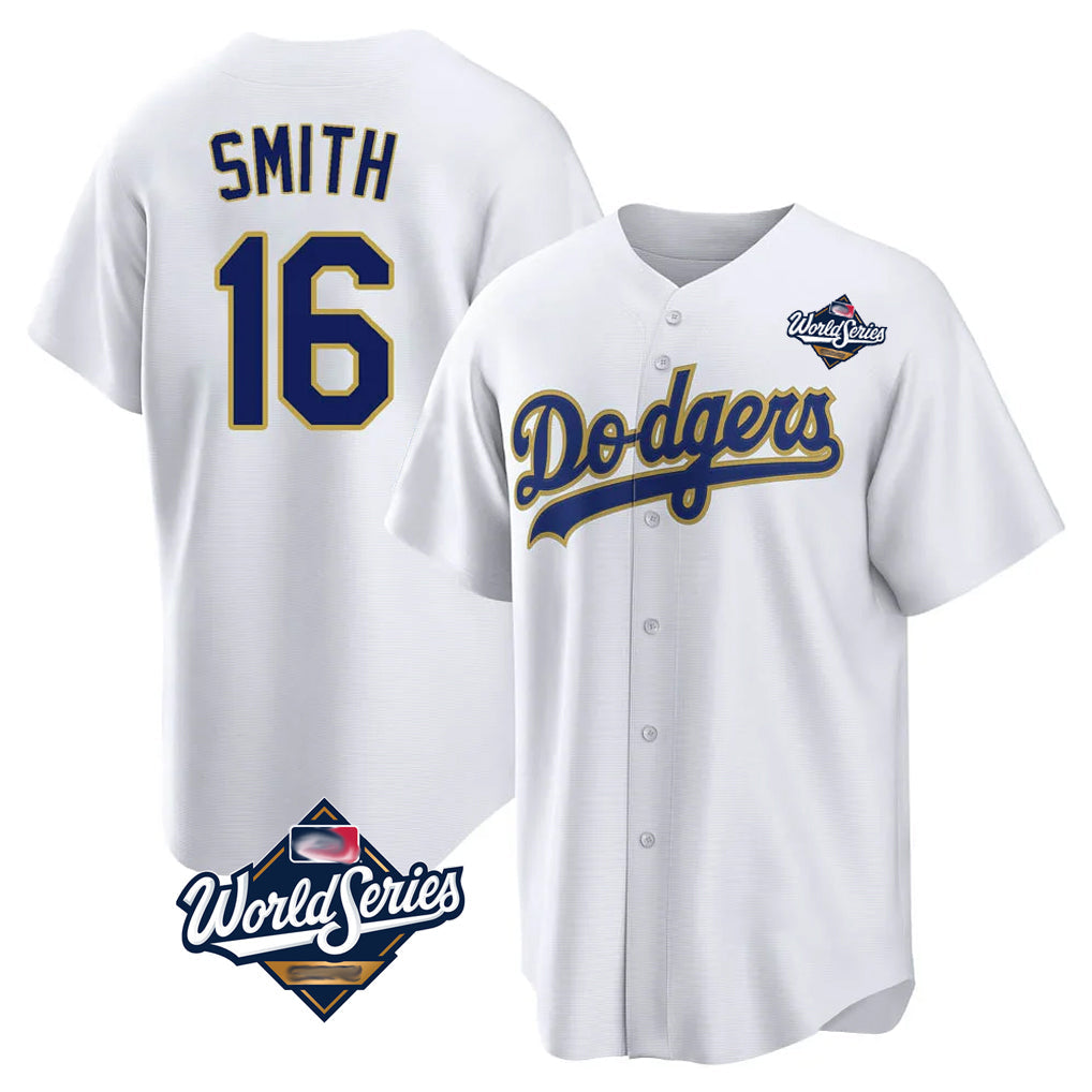 Punc LA.Dodgers #16 Will Smith Player Gold White World Series 2026 Collection Stadium Game Stitched Jerseys