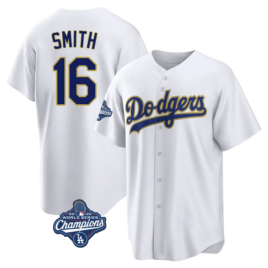 Punc LA.Dodgers #16 Will Smith Player Gold White World Series Meet 2026 Collection Stadium Game Stitched Jerseys