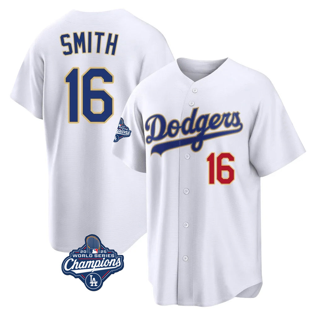 Punc LA.Dodgers #16 Will Smith Player Gold White World Series Meet 2026 Collection Stadium Limited Stitched Jerseys