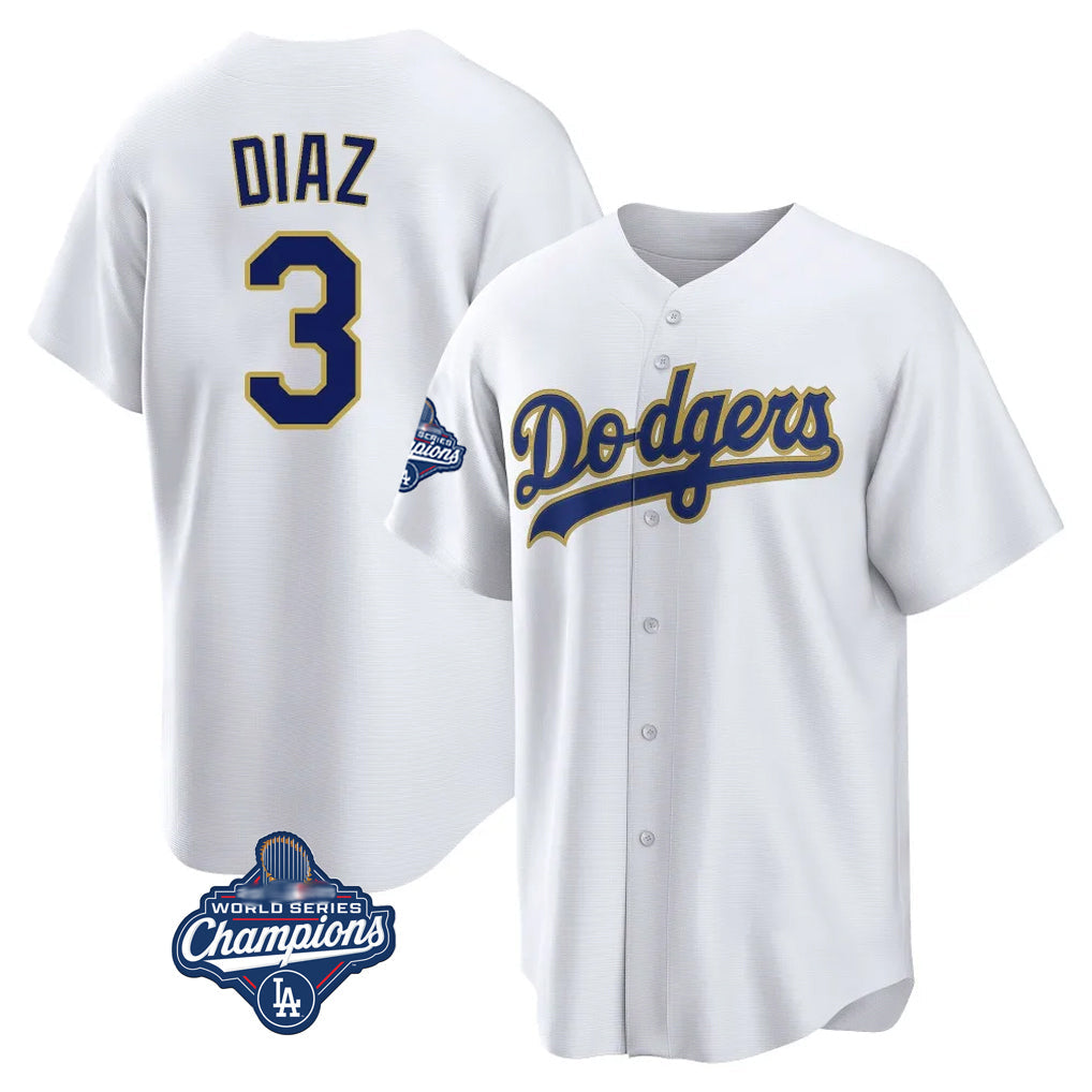 Punc LA.Dodgers #3 Edwin D¨ªaz Player Gold White World Series Meet 2026 Collection Stadium Game Stitched Jerseys
