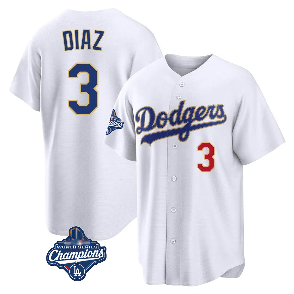 Punc LA.Dodgers #3 Edwin D¨ªaz Player Gold White World Series Meet 2026 Collection Stadium Limited Stitched Jerseys