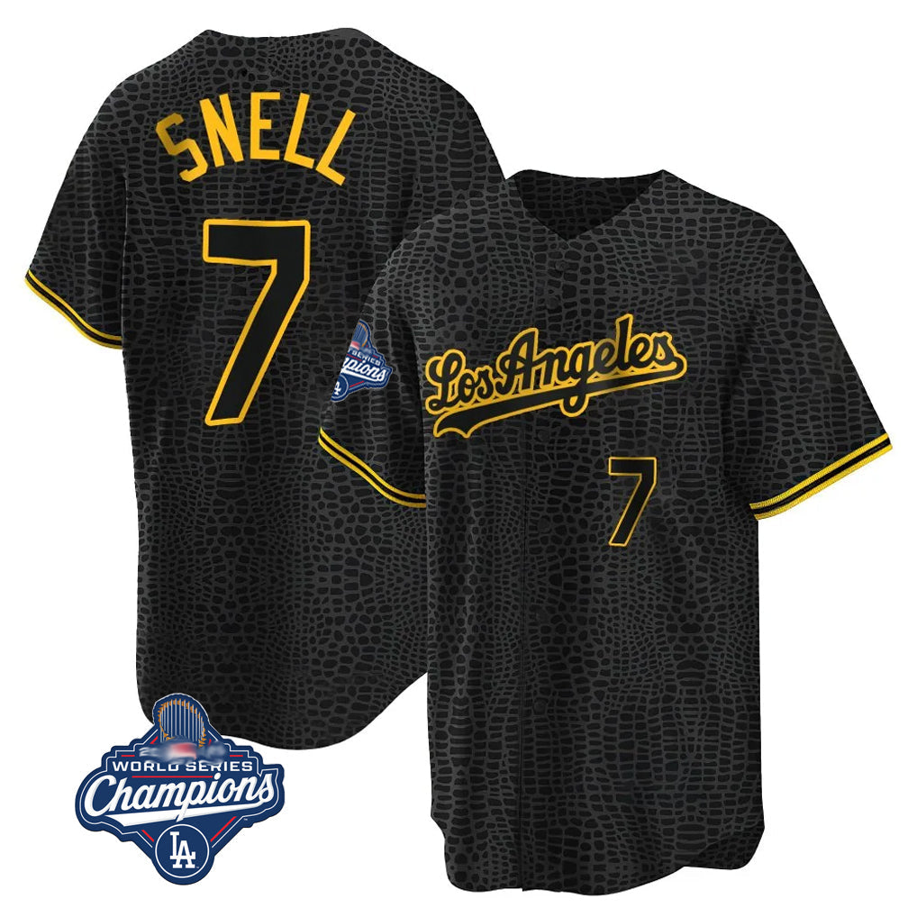 Punc LA.Dodgers #7 Blake Snell Player Black Snake Skin City Game Home World Series Meet Stitched Jerseys