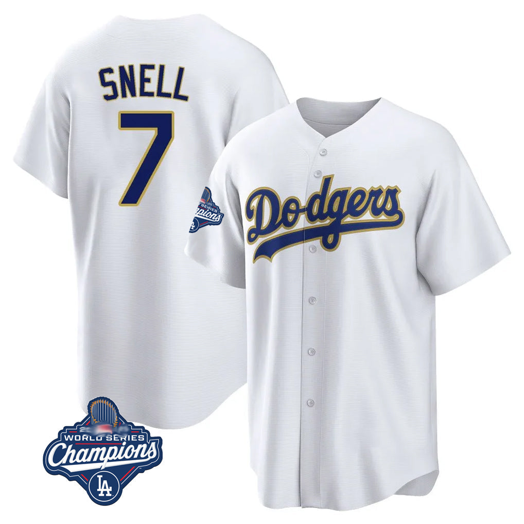 Punc LA.Dodgers #7 Blake Snell Player Gold White World Series Meet Home Game Stitched Jerseys