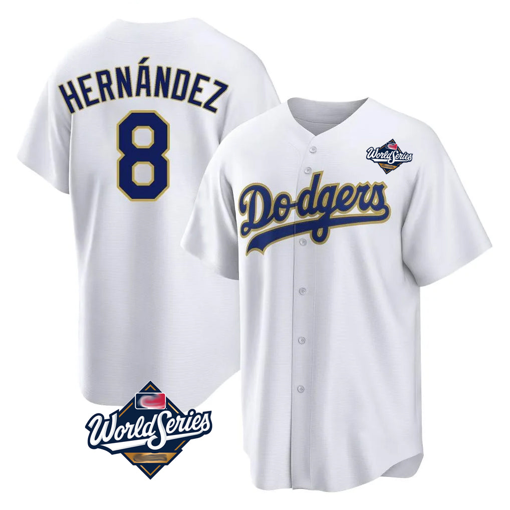 Punc LA.Dodgers #8 Enrique Hern¨¢ndez Player Gold White World Series 2026 Collection Stadium Game Stitched Jerseys