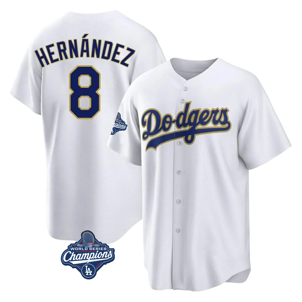 Punc LA.Dodgers #8 Enrique Hern¨¢ndez Player Gold White World Series Meet 2026 Collection Stadium Game Stitched Jerseys