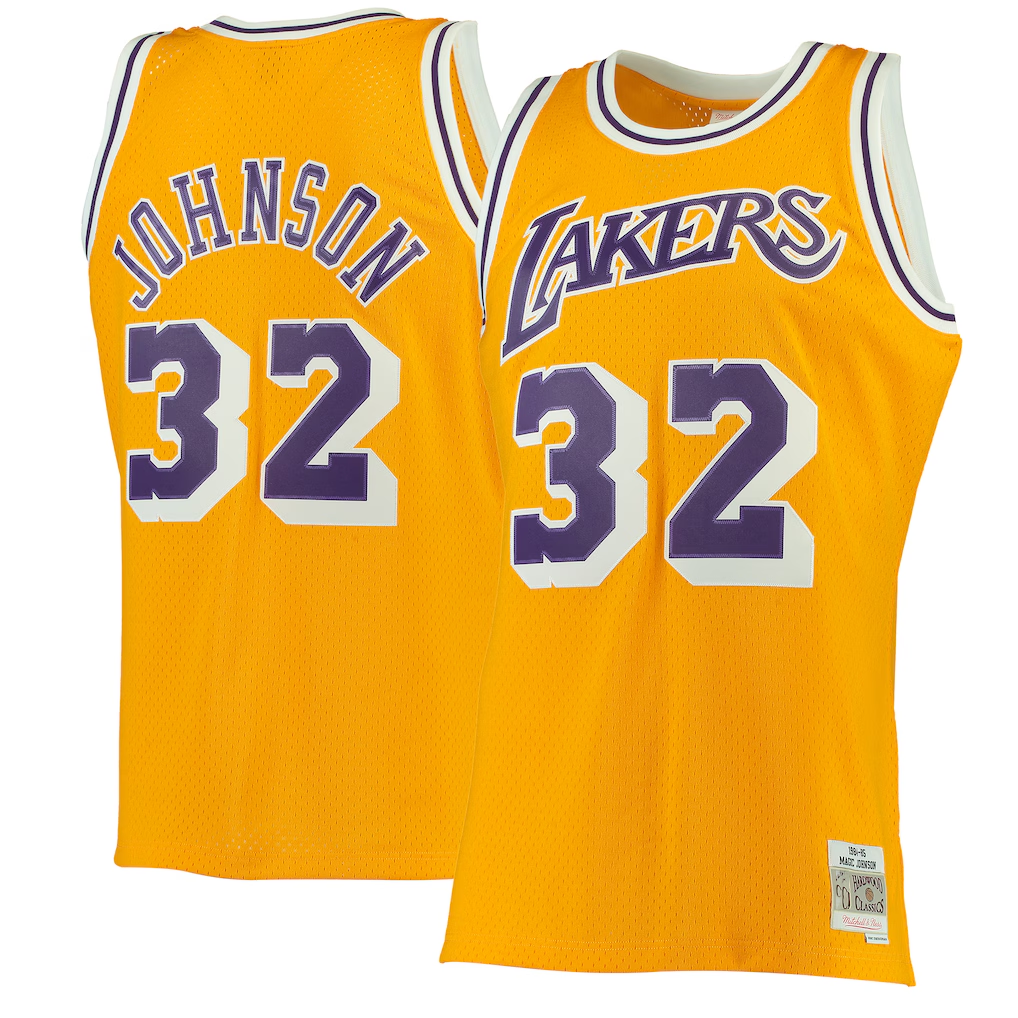 Punc LA.Lakers #32 Magic Johnson Mitchell & Ness Gold 1984-1985 Hardwood Classics Swingman Jerseys