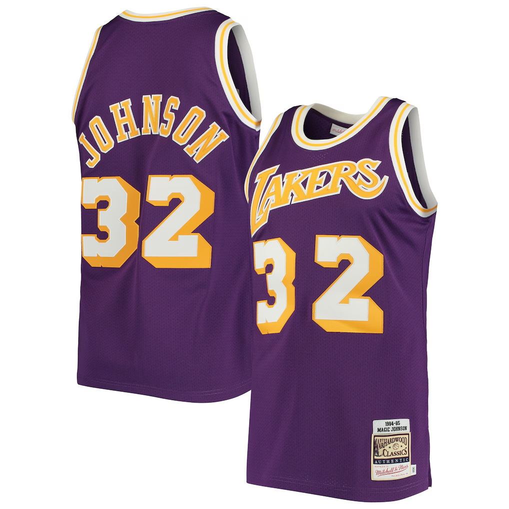 Punc LA.Lakers #32 Magic Johnson Mitchell & Ness Purple 1984-1985 Hardwood Classics Authentic Jerseys