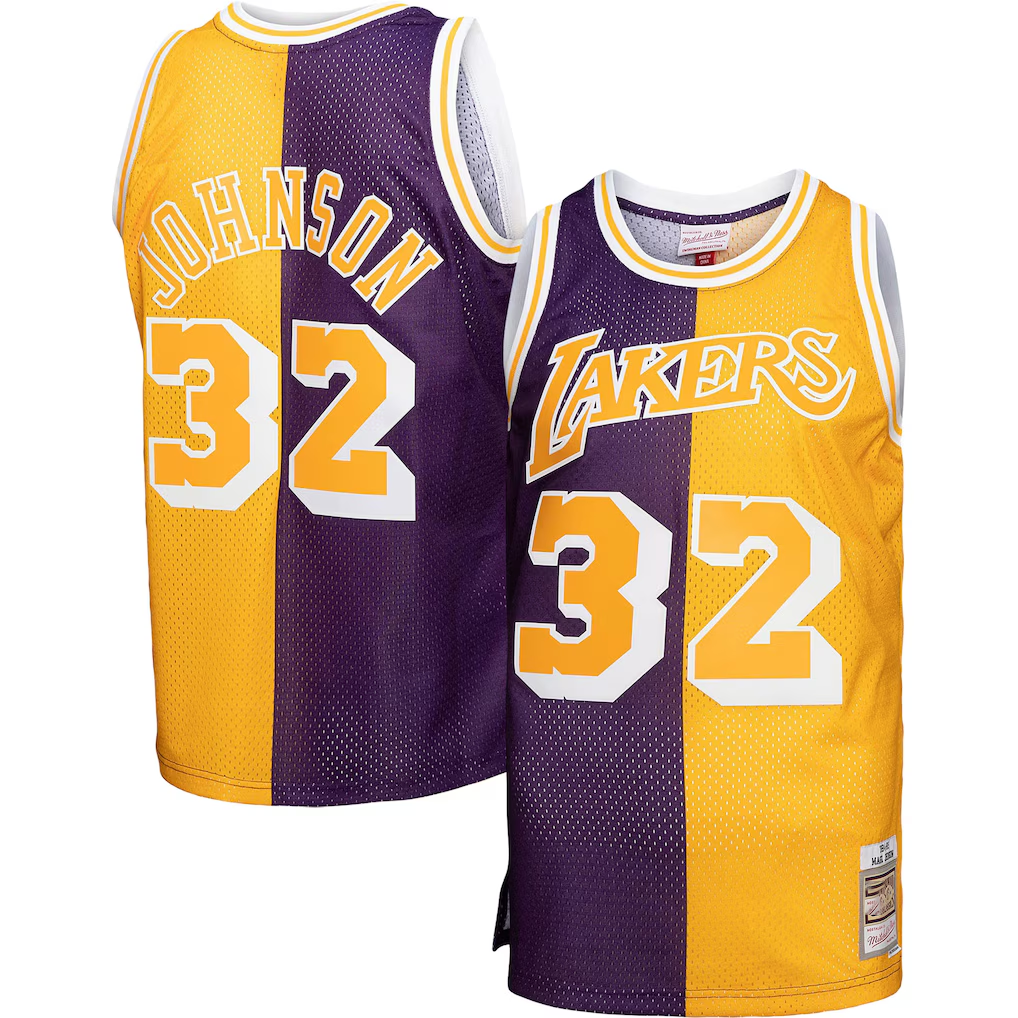 Punc LA.Lakers #32 Magic Johnson Mitchell & Ness PurpleGold Big & Tall Hardwood Classics 198485 Split Swingman Jerseys