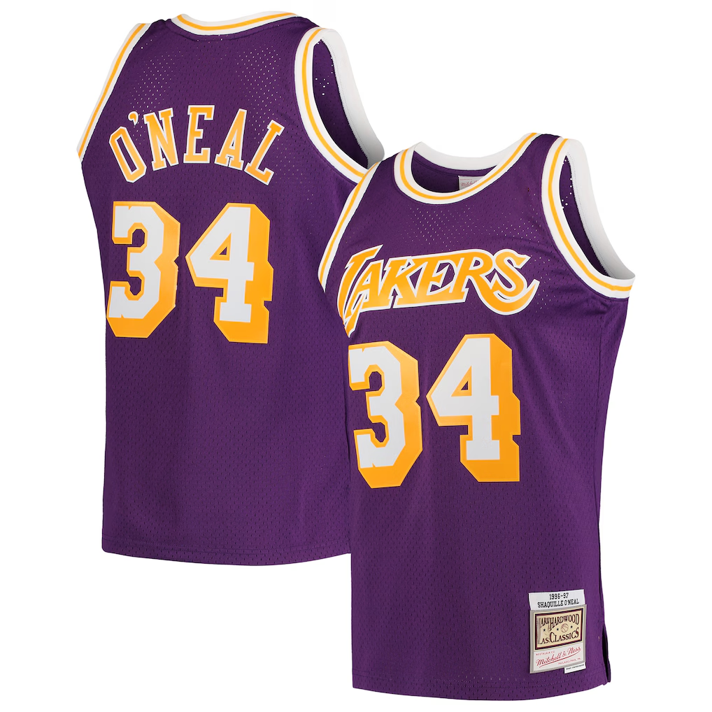 Punc LA.Lakers #34 Shaquille O'Neal Mitchell & Ness Purple Hardwood Classics Swingman Jerseys