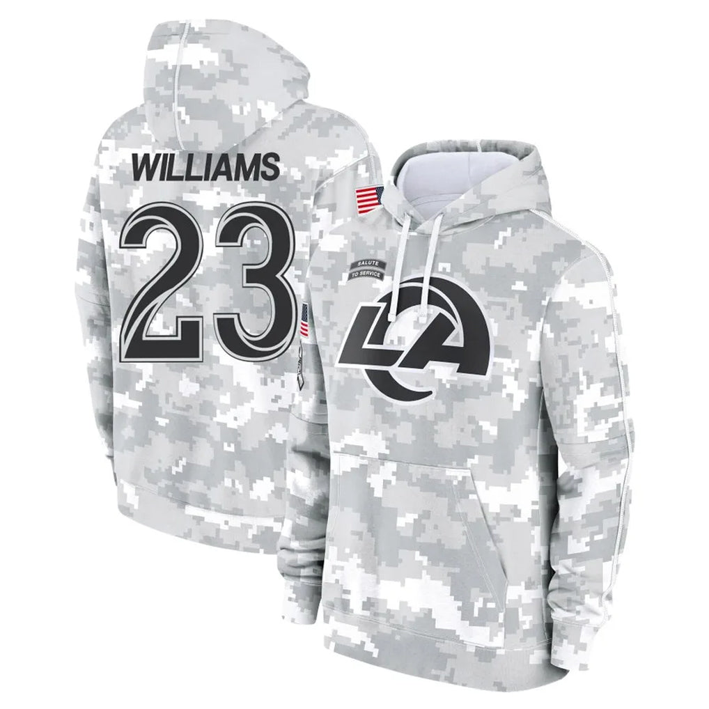Punc LA.Rams #23 Kyren Williams Player Arctic Camo Salute to Service Hoodies Limited Game Stitched Jerseys