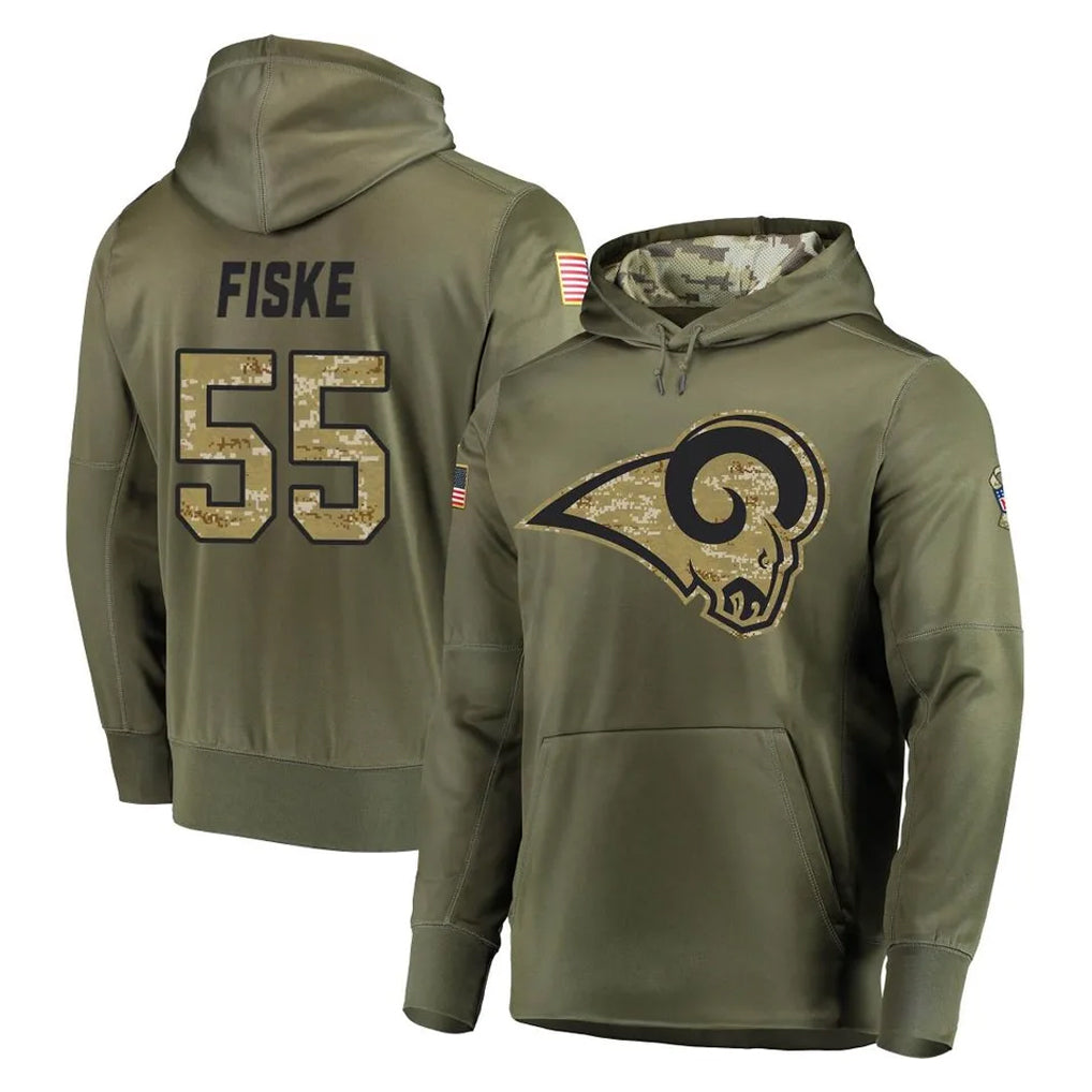 Punc LA.Rams #55 Braden Fiske Player Olive Salute to Service Pullover Hoodies Home Game Stitched Jerseys
