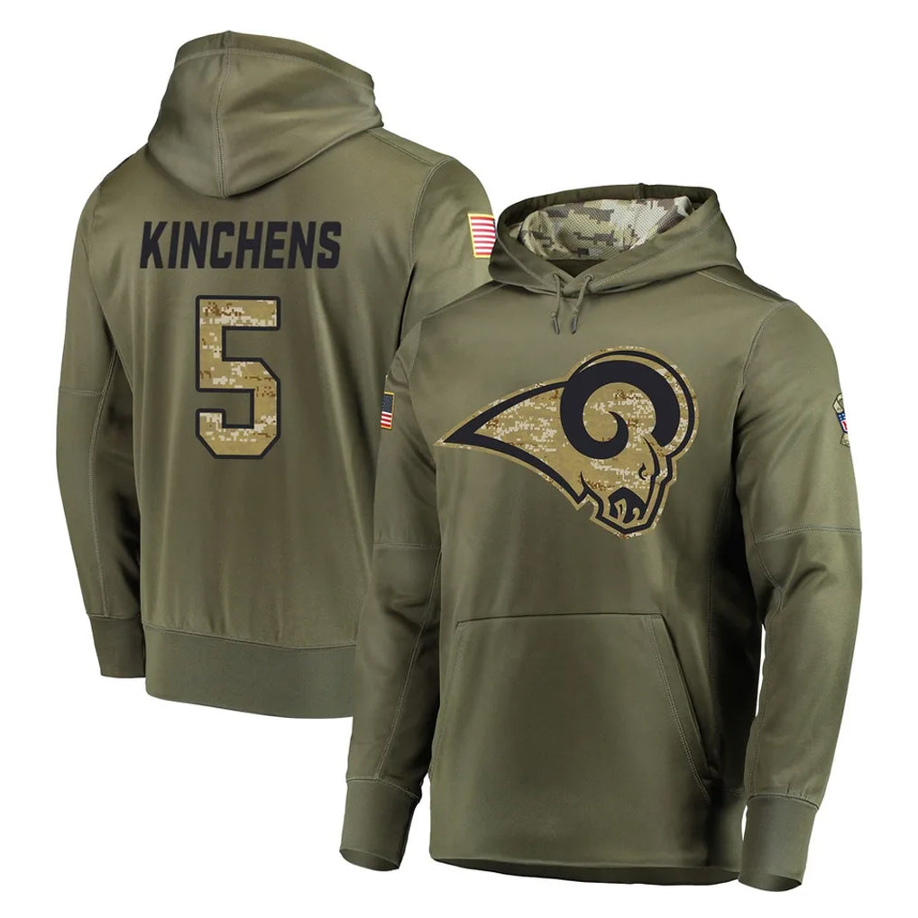 Punc LA.Rams #5 Kamren Kinchens Player Olive Salute to Service Pullover Hoodies Home Game Stitched Jerseys