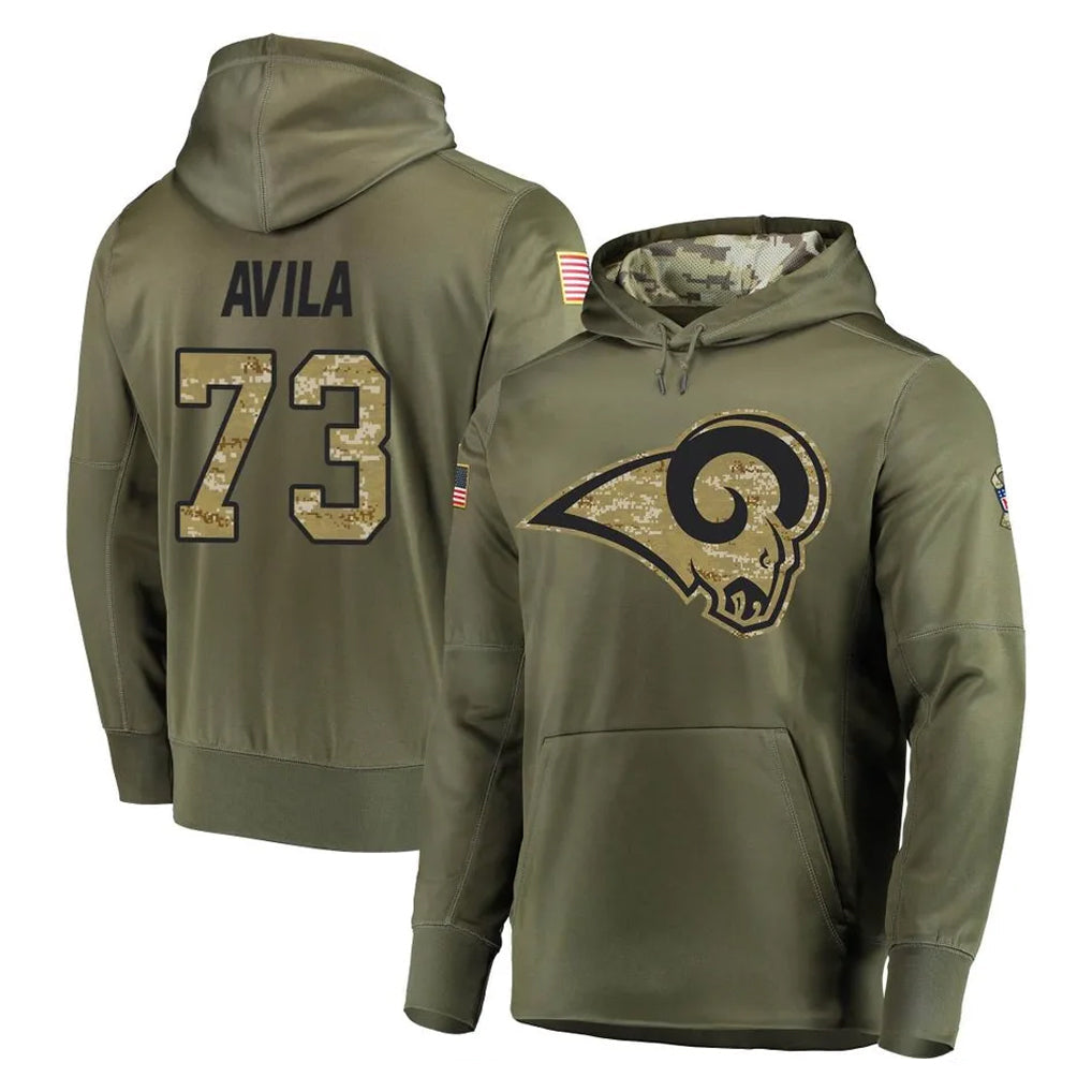 Punc LA.Rams #73 Steve Avila Player Olive Salute to Service Pullover Hoodies Home Game Stitched Jerseys