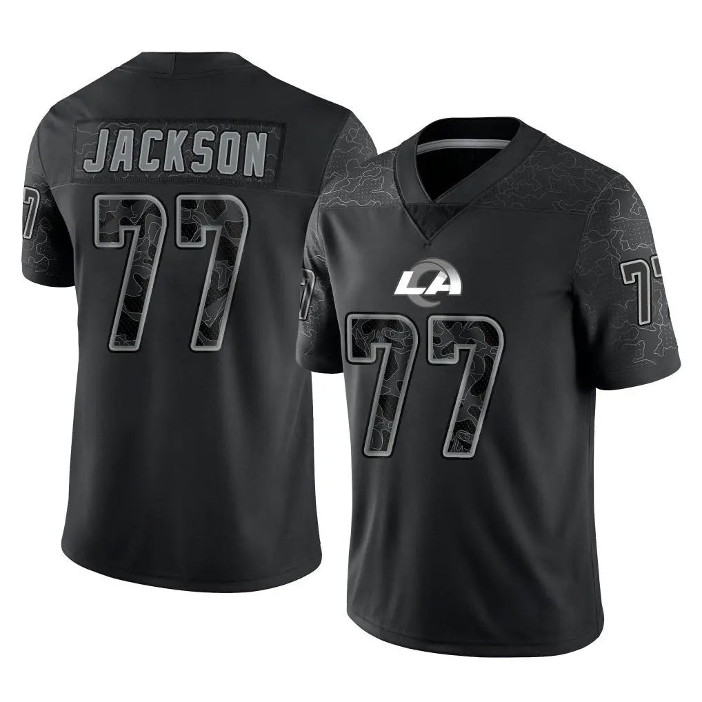 Punc LA.Rams #77 Alaric Jackson Player Black Limited Reflective Home Game Stitched Jerseys