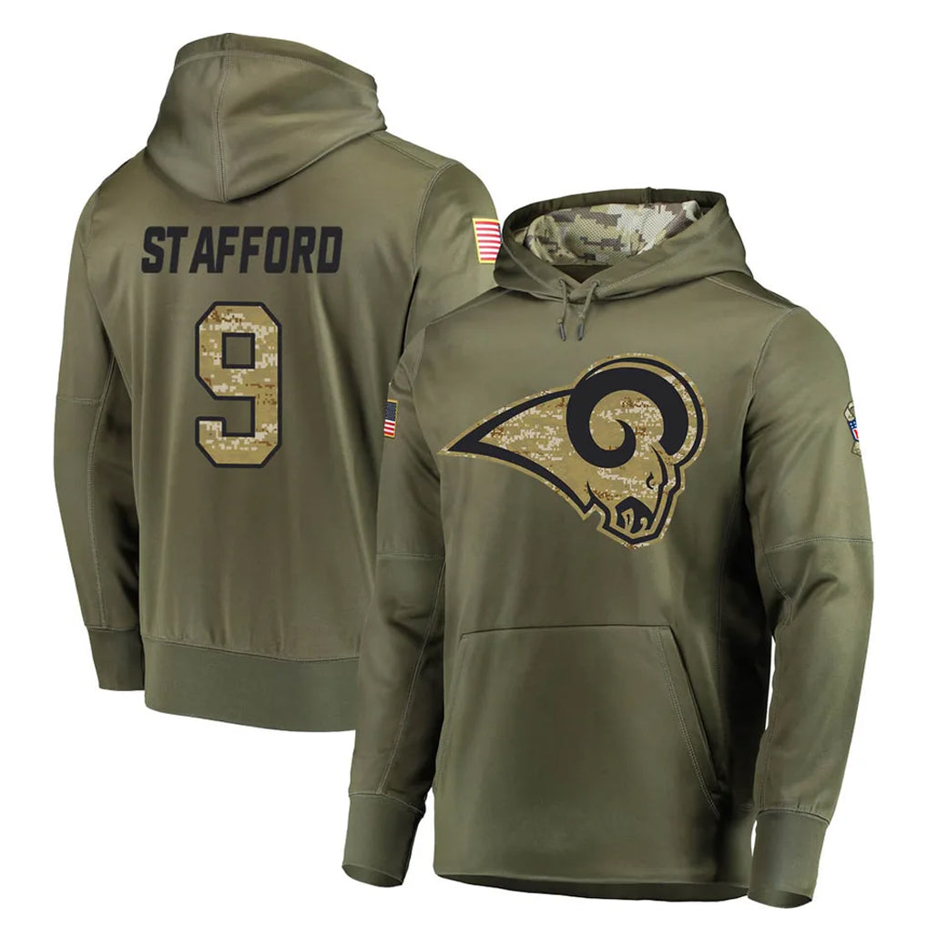 Punc LA.Rams #9 Matthew Stafford Player Olive Salute to Service Pullover Hoodies Home Game Stitched Jerseys