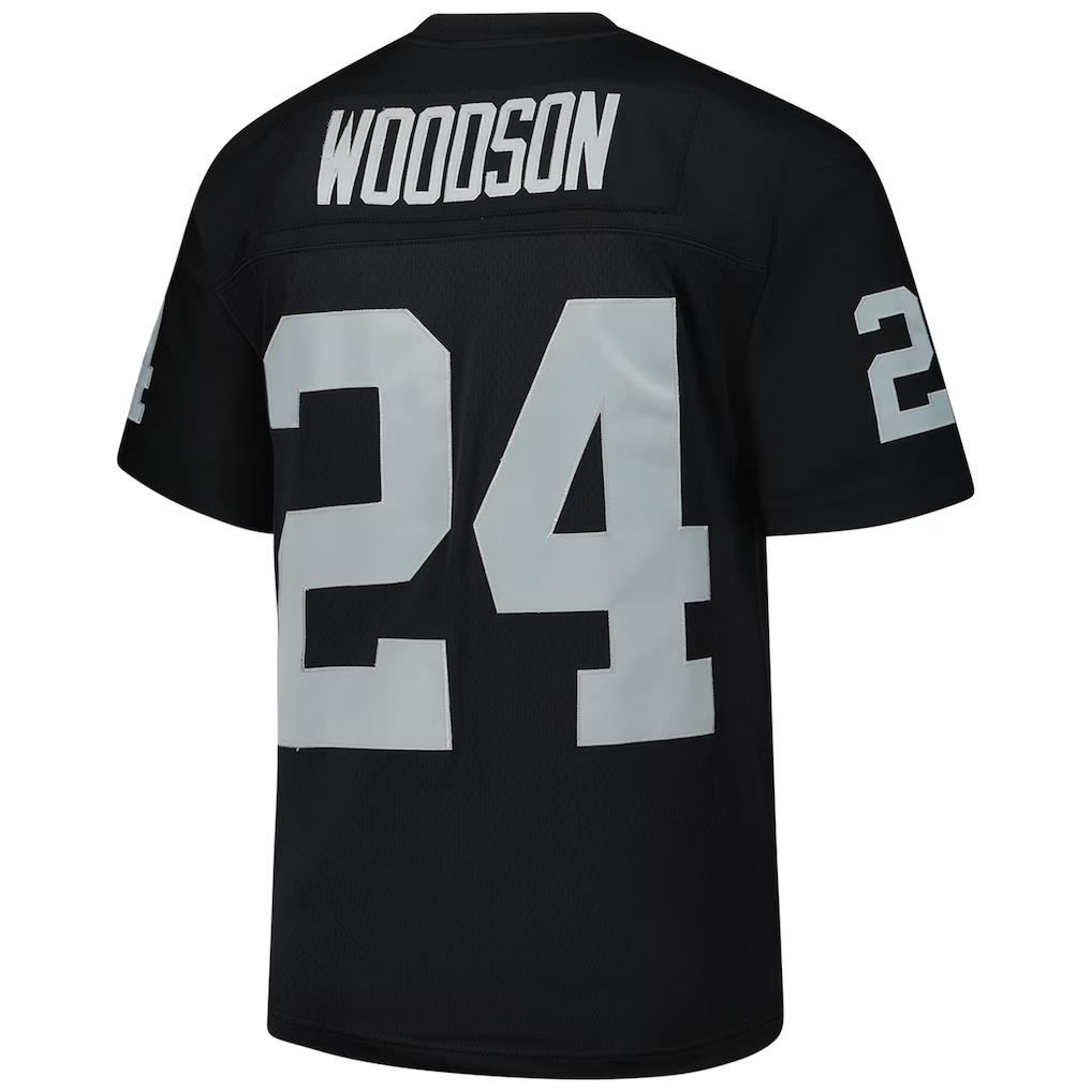 Punc LV.Raiders #24 Charles Woodson Mitchell & Ness Black Legacy Replica Jersey Stitched Puhic