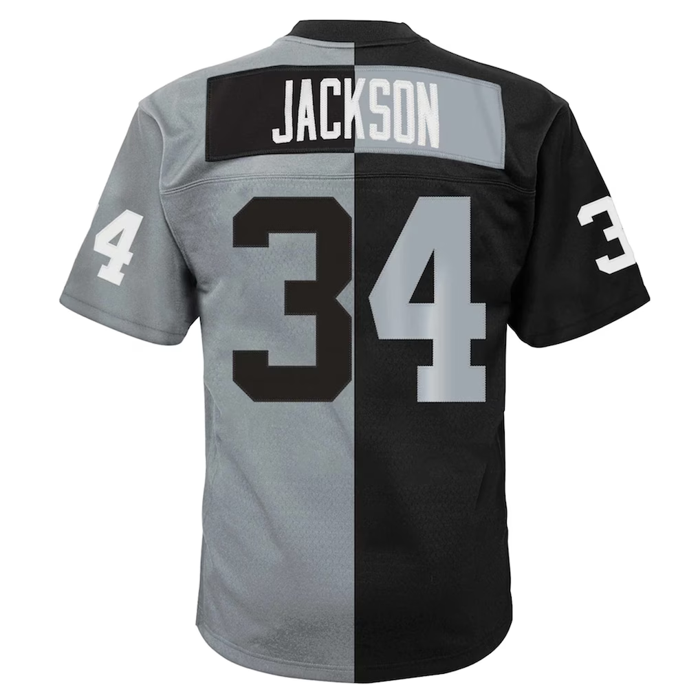 Punc LV.Raiders #34  Bo Jackson Mitchell & Ness BlackSilver Big & Tall Split Legacy Retired Player Replica Jersey