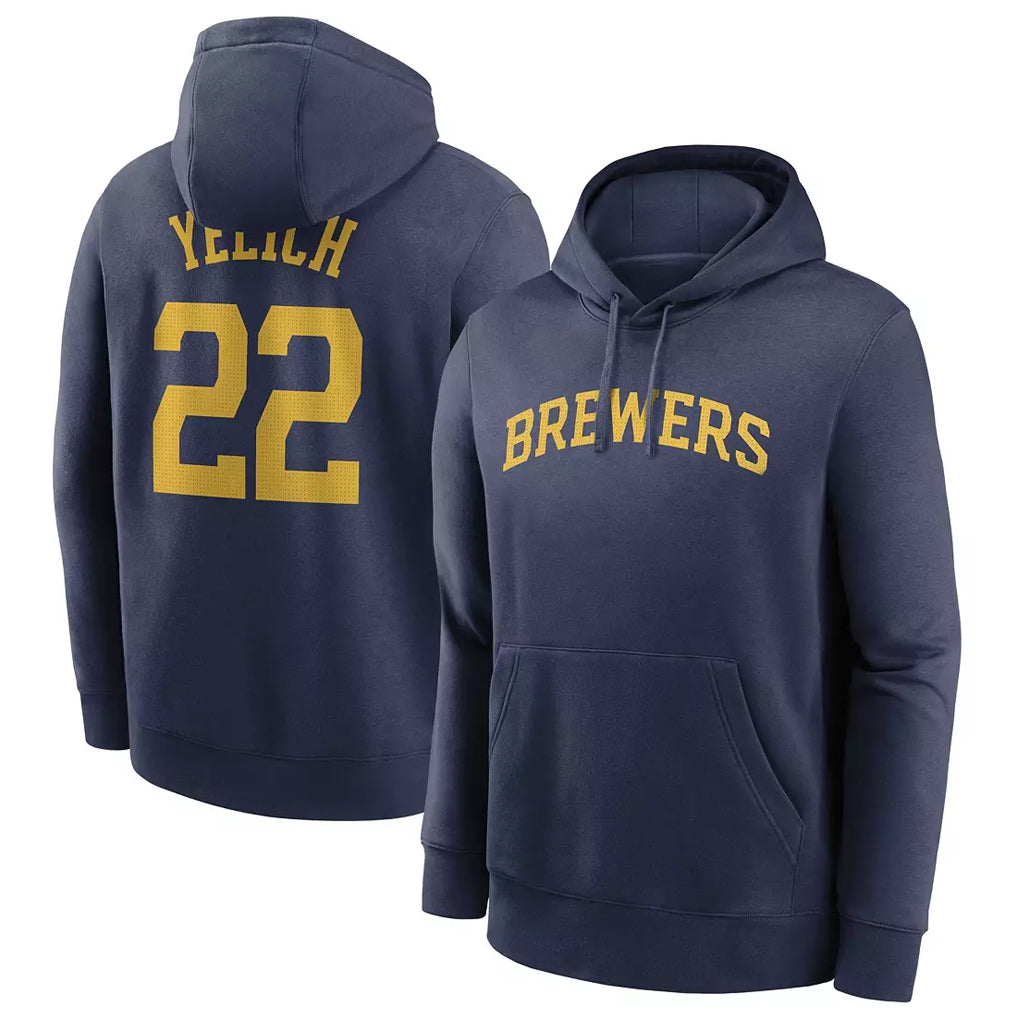 Punc M.Brewers #22 Christian Yelich Player Navy Club Pullover Hoodie Game Stitched Jerseys