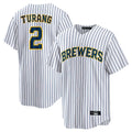 Punc M.Brewers #2 Brice Turang Player White Stripes Home Game Stitched Jerseys