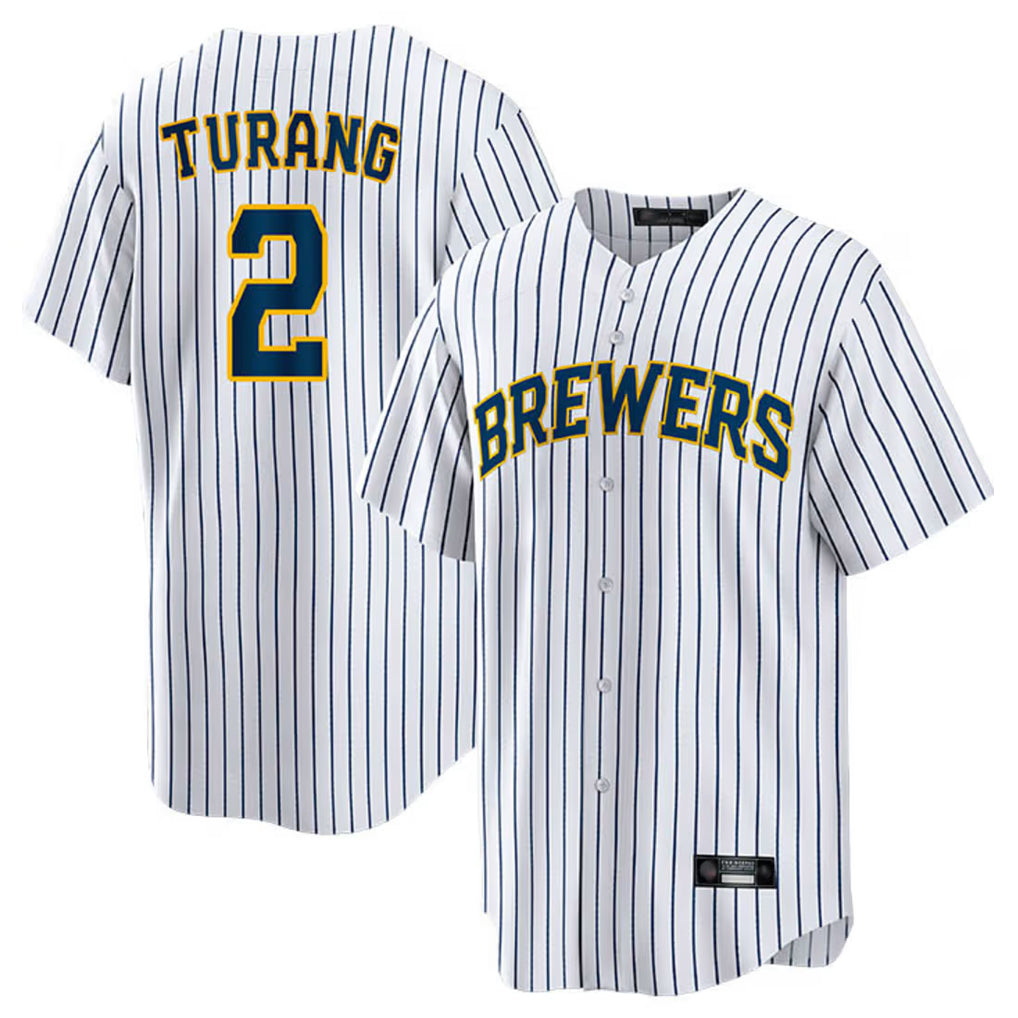 Punc M.Brewers #2 Brice Turang Player White Stripes Home Game Stitched Jerseys
