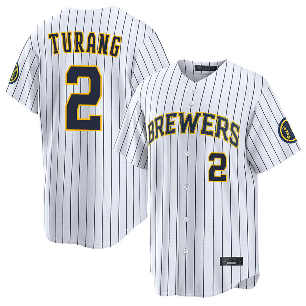 Punc M.Brewers #2 Brice Turang Player White Stripes Home Limited Game Stitched Jerseys