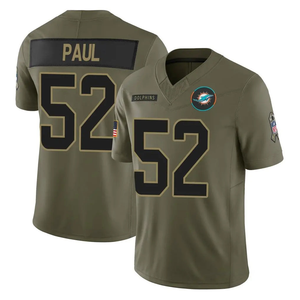 Punc M.Dolphins #52 Patrick Paul Player Olive 2025 Salute To Service Limited Game Stitched Jerseys