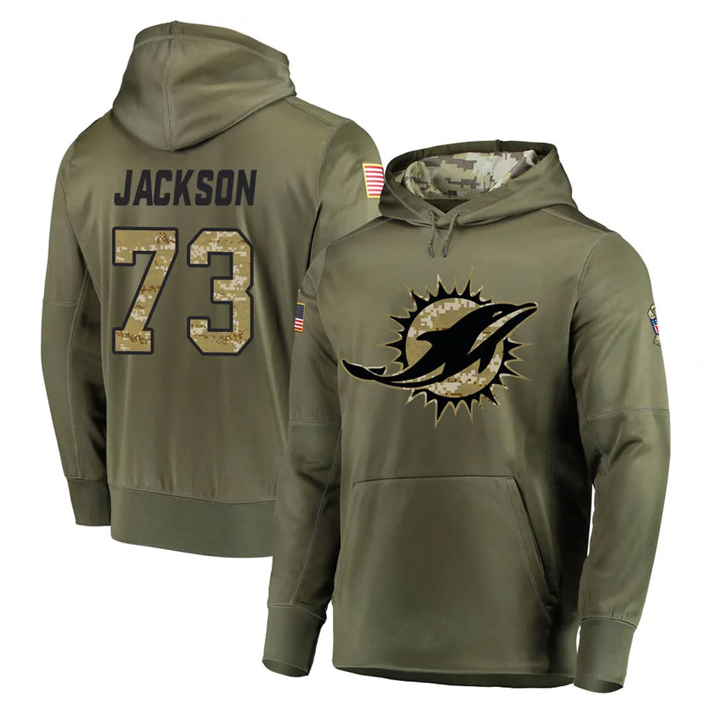 Punc M.Dolphins #73 Austin Jackson Player Olive Salute to Service Pullover Hoodies Home Game Stitched Jerseys