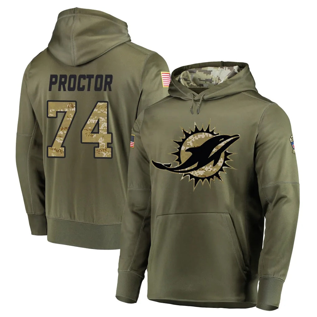 Punc M.Dolphins #74 Kadyn Proctor Player Olive Salute to Service Pullover Hoodies Home Game Stitched Jerseys