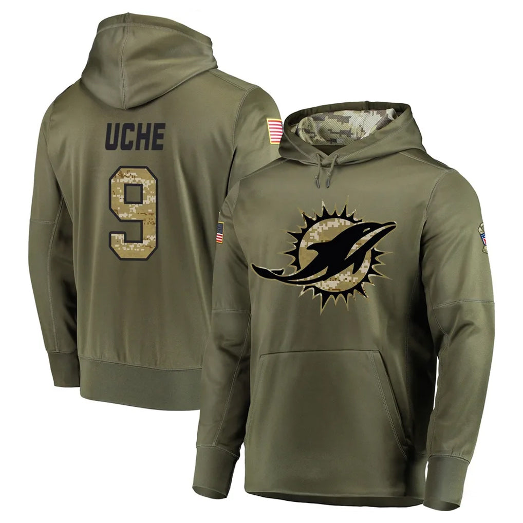 Punc M.Dolphins #9 Joshua Uche Player Olive Salute to Service Pullover Hoodies Home Game Stitched Jerseys