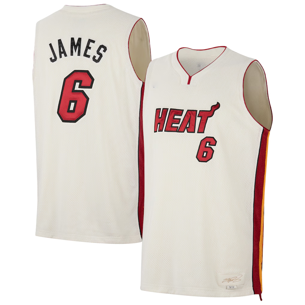 Punc M.Heat #6 LeBron James Cream Forever King Reserve Authentic Jerseys