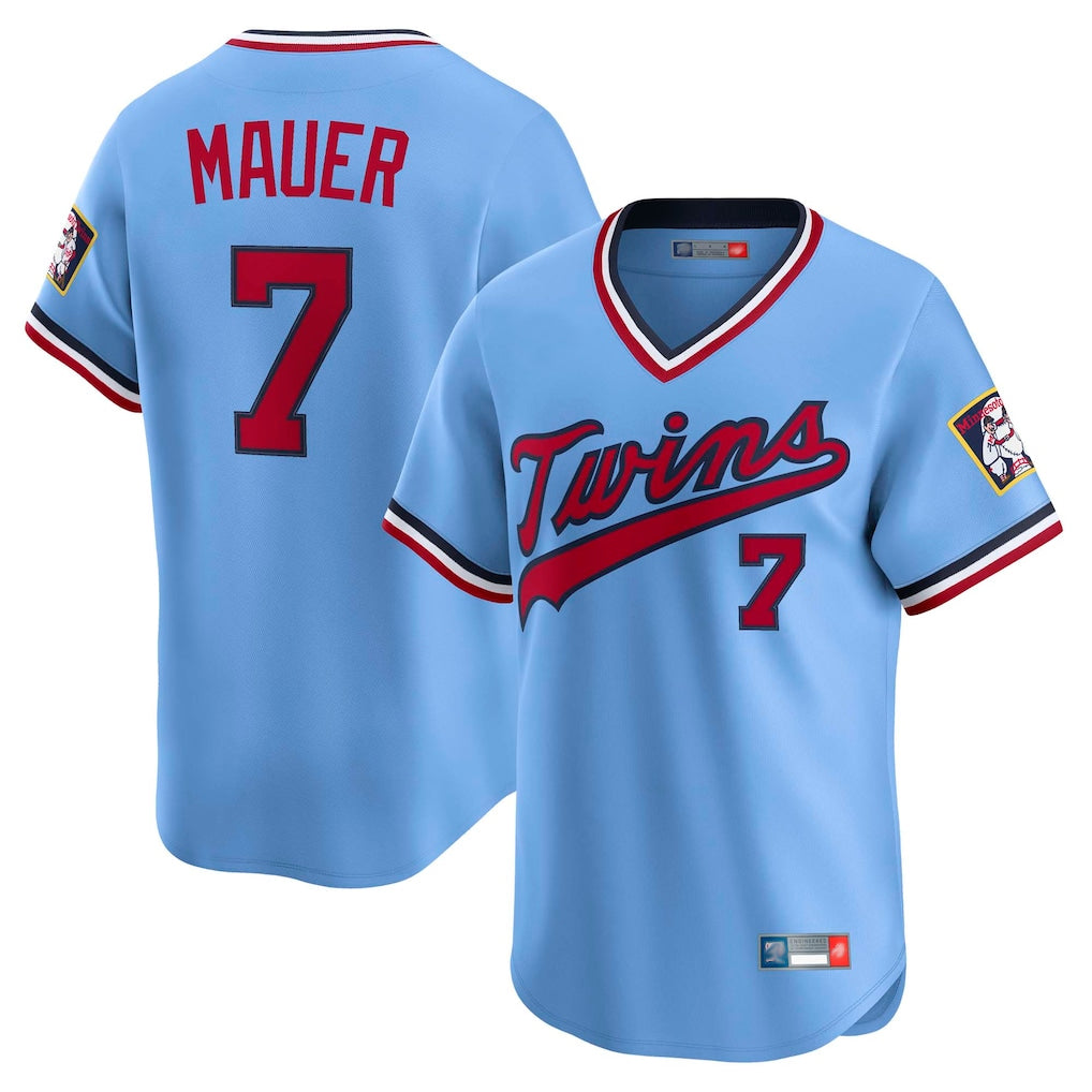 Punc M.Twins #7 Joe Mauer Player Light Blue Throwback Cooperstown Collection Limited T-shirt Stitched Jerseys