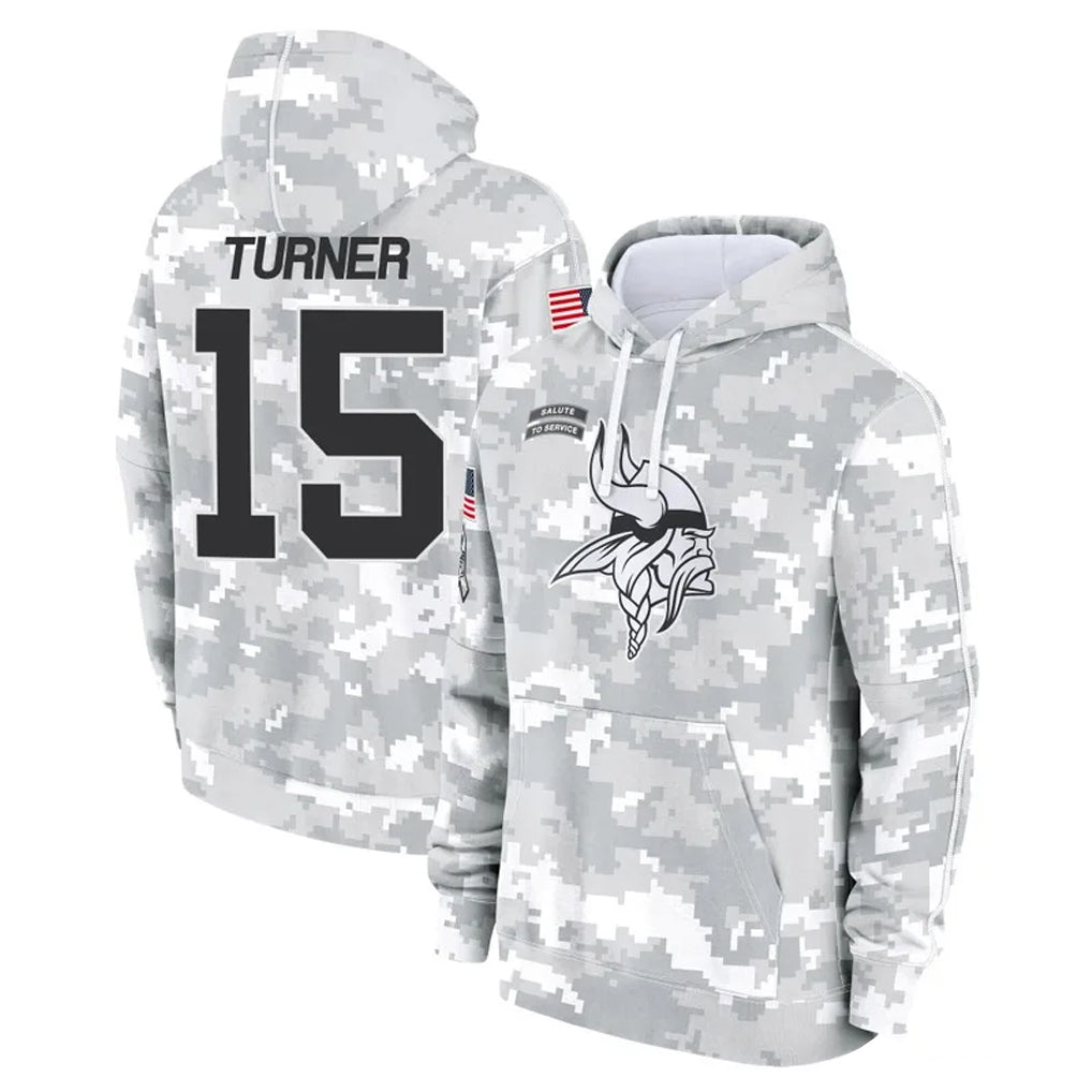 Punc MN.Vikings #15 Dallas Turner Player Arctic Camo Salute to Service Pullover Hoodies Limited Game Stitched Jerseys