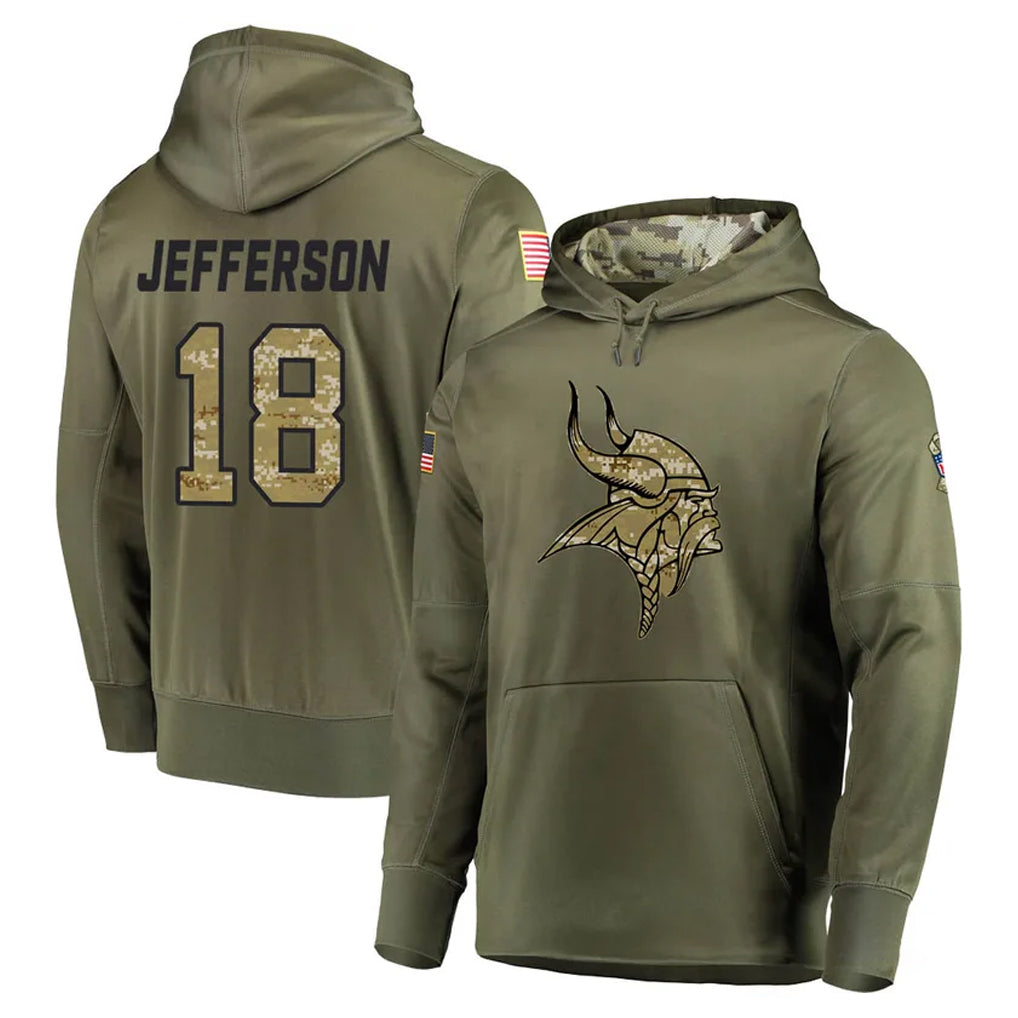 Punc MN.Vikings #18 Justin Jefferson Player Olive Salute to Service Pullover Hoodies Home Game Stitched Jerseys
