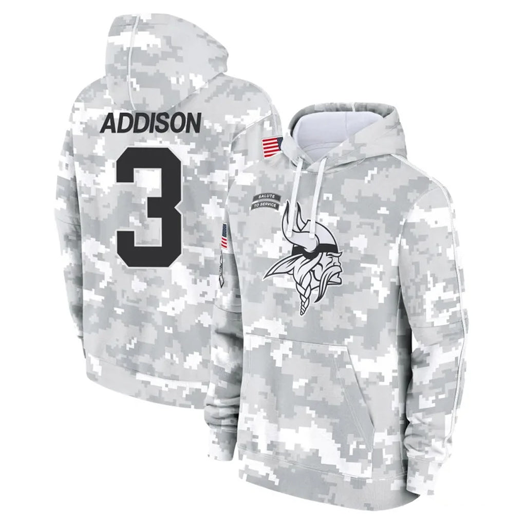 Punc MN.Vikings #3 Jordan Addison Player Arctic Camo Salute to Service Pullover Hoodies Limited Game Stitched Jerseys