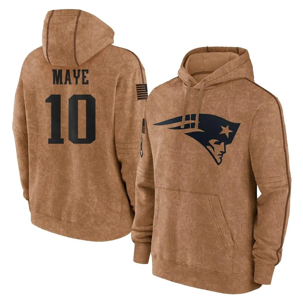 Punc NE.Patriots #10 Drake Maye Player Brown Salute to Service Pullover Hoodies Limited Game Stitched Jerseys